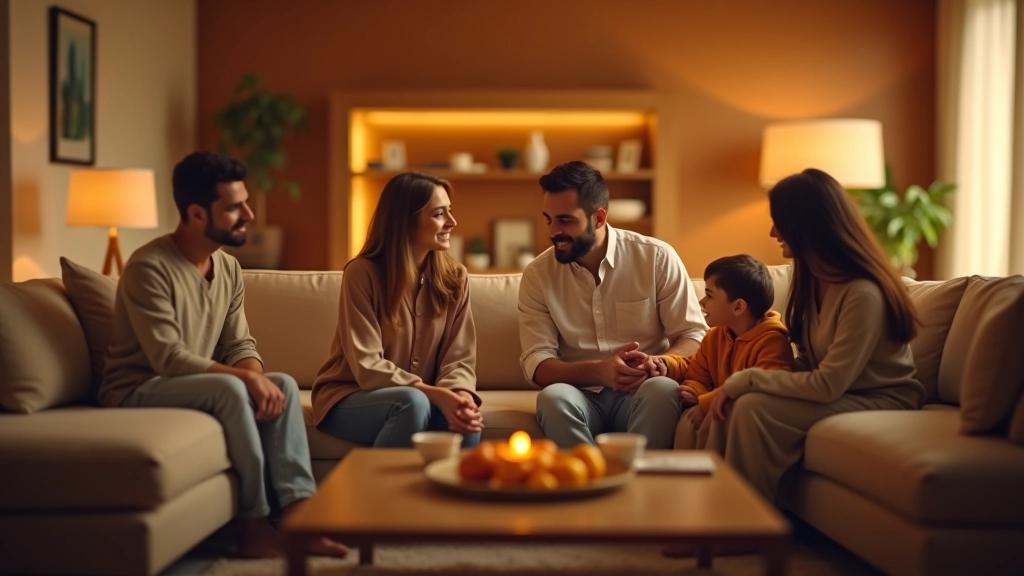 عائلة عربية تستمتع بديكور منزل دافئ ومريح